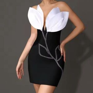 3D Flower Sparkling Diamond Bandage Black Mini Dress